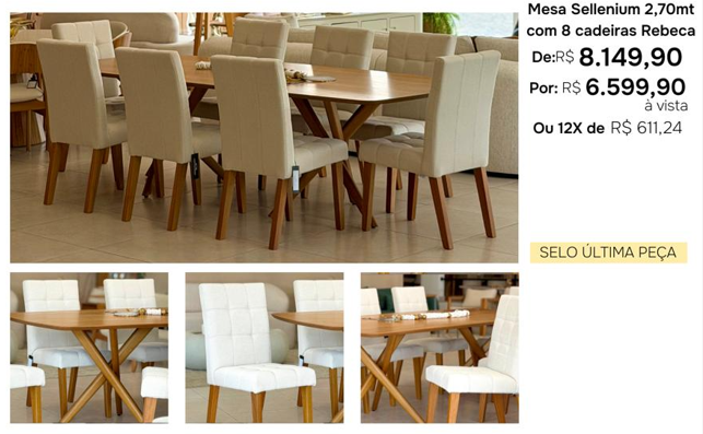 Mesa Sellenium 2,70m com 8 cadeiras Rebeca